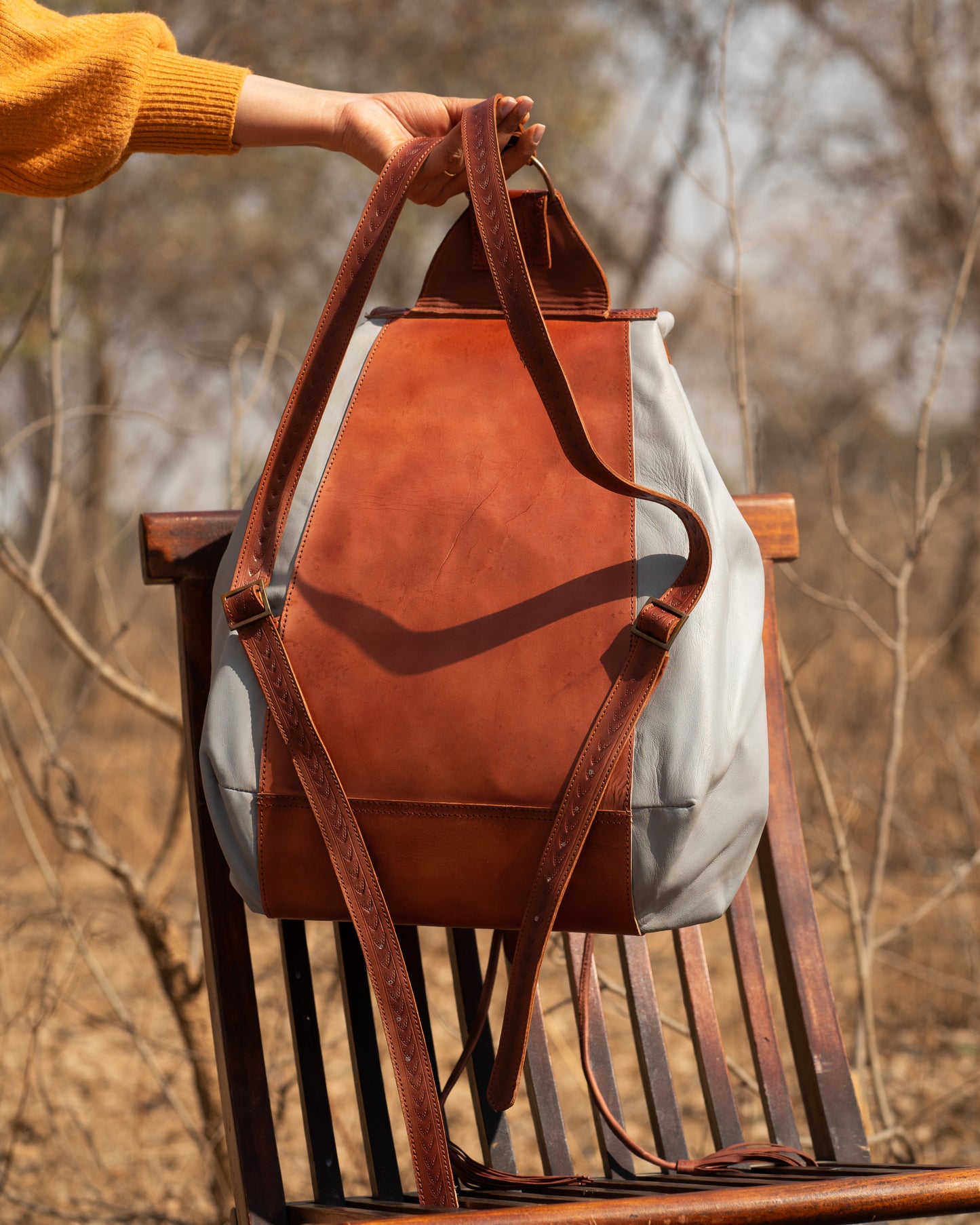 Vintage Unisex Brown Leather Tooled Backpack