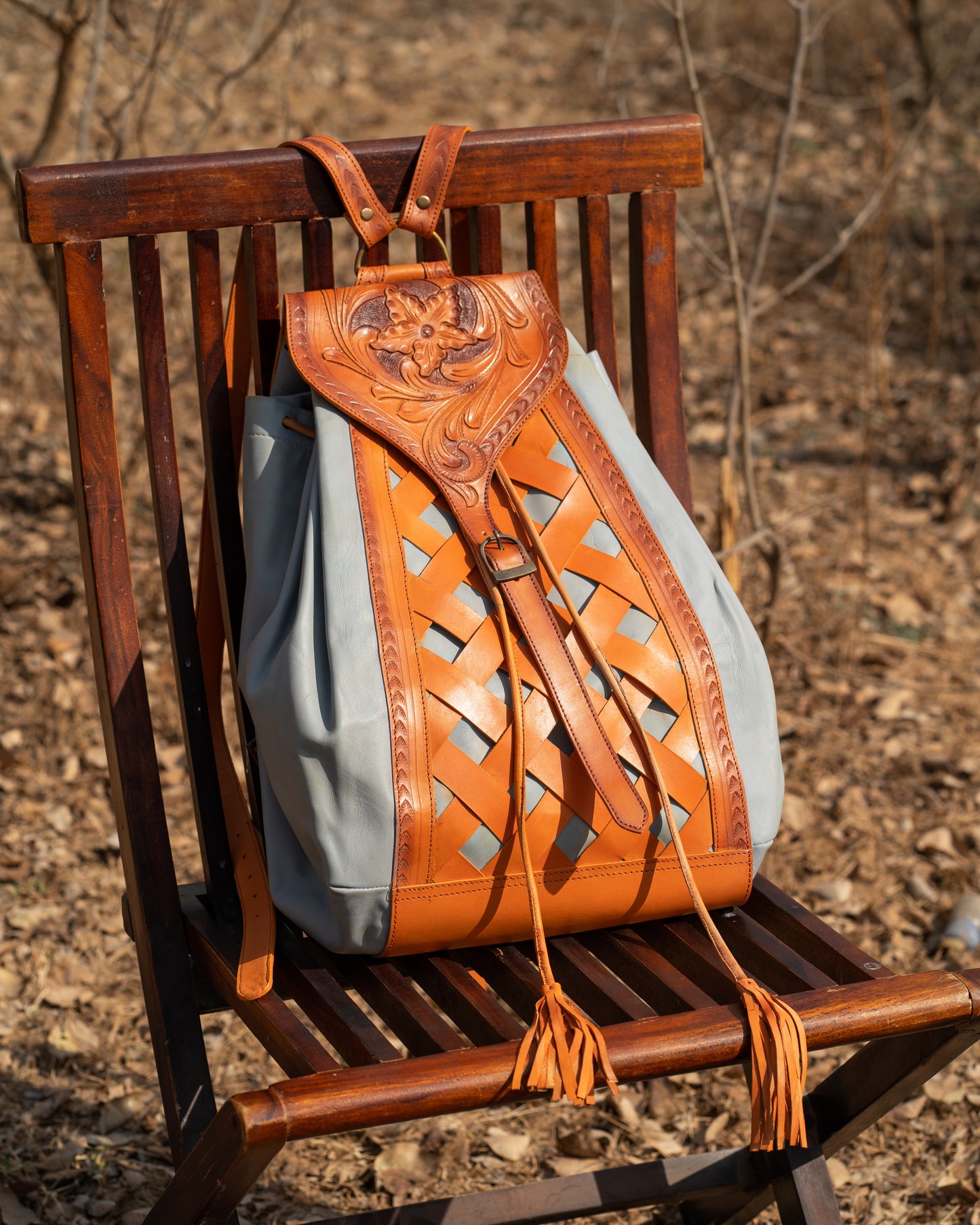 Vintage Unisex Tan Leather Tooled Backpack