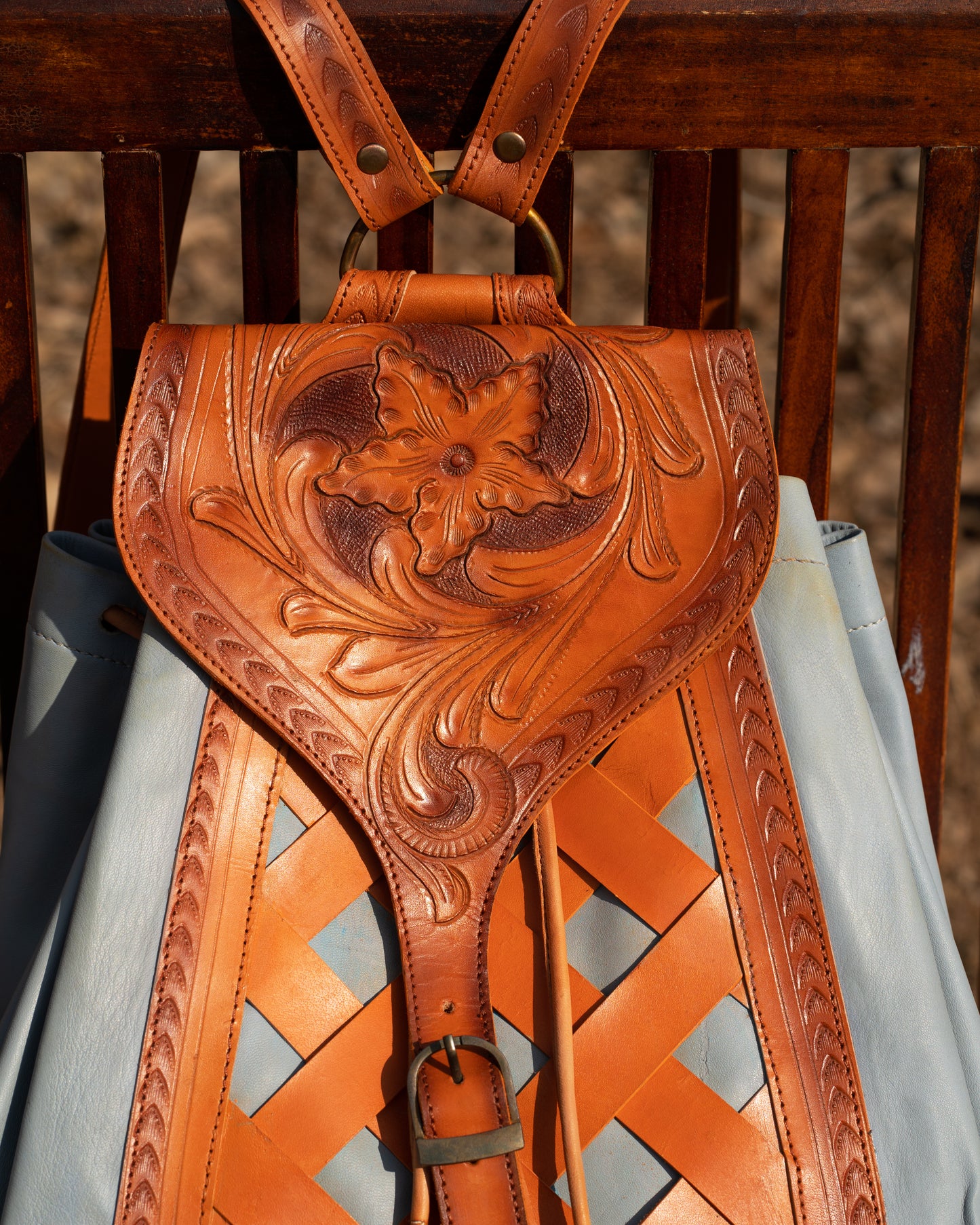Vintage Lady Tan Leather Tooled Backpack