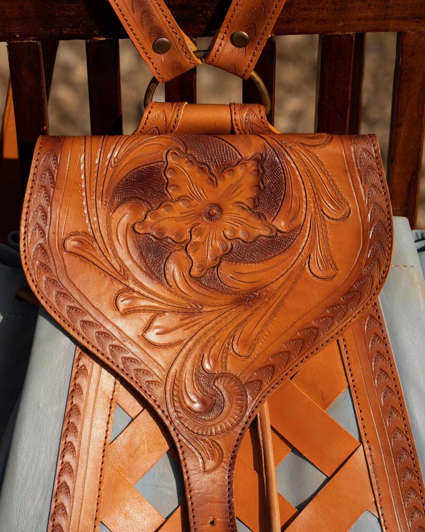 Vintage Lady Tan Leather Tooled Backpack