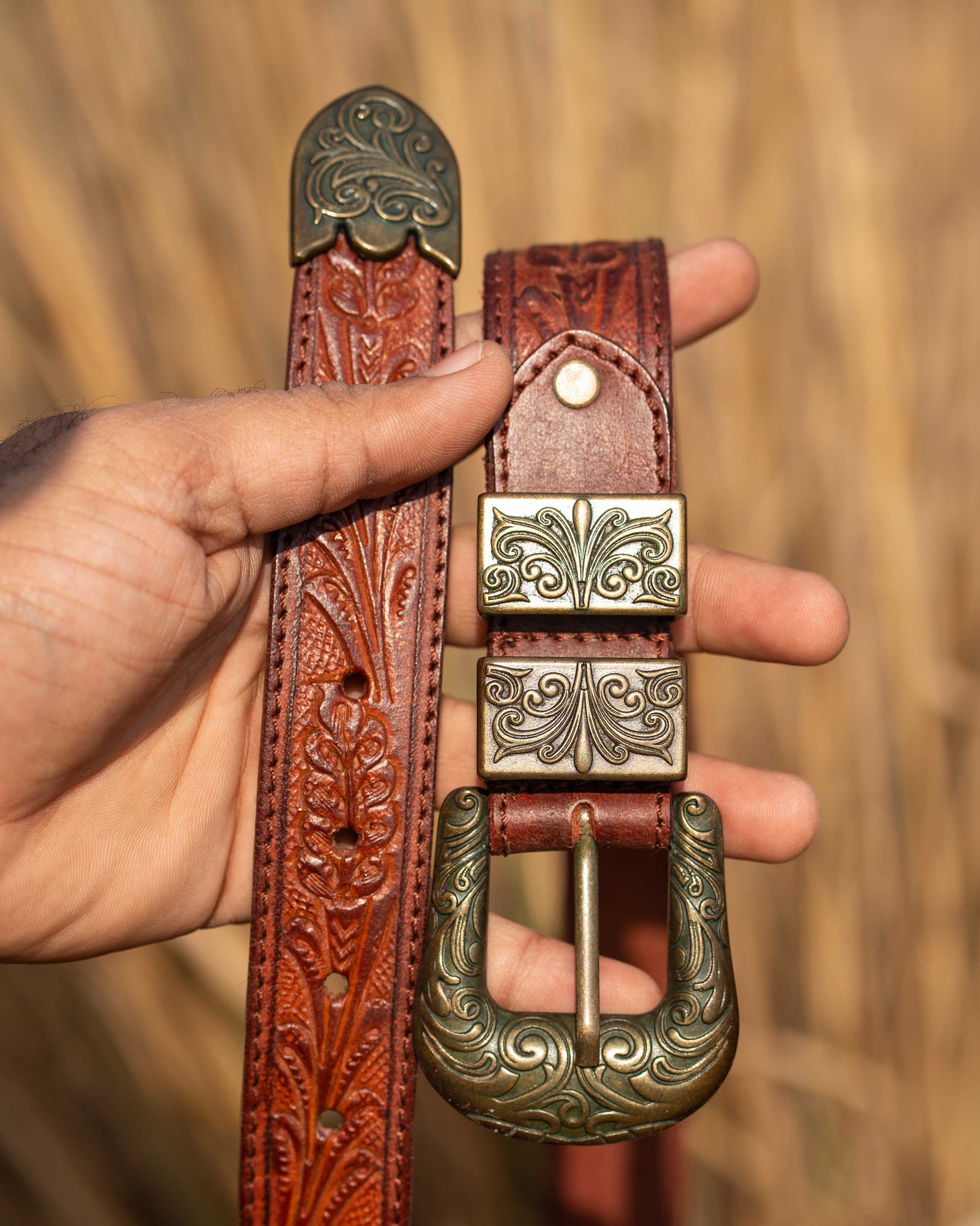 StacheMan's Red Wine Leather Tooled Belt