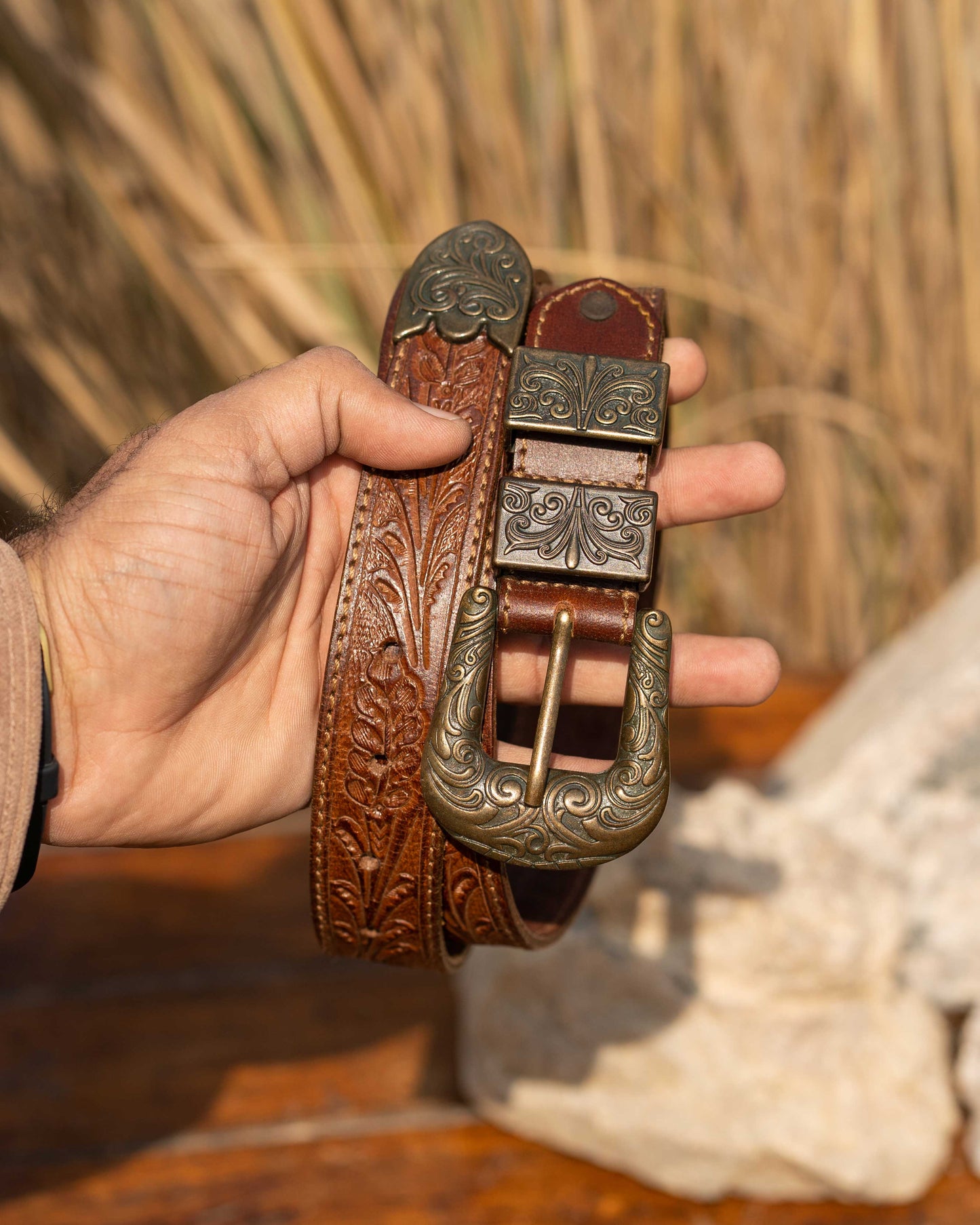 StacheMan's Classic Tan Leather Tooled Belt