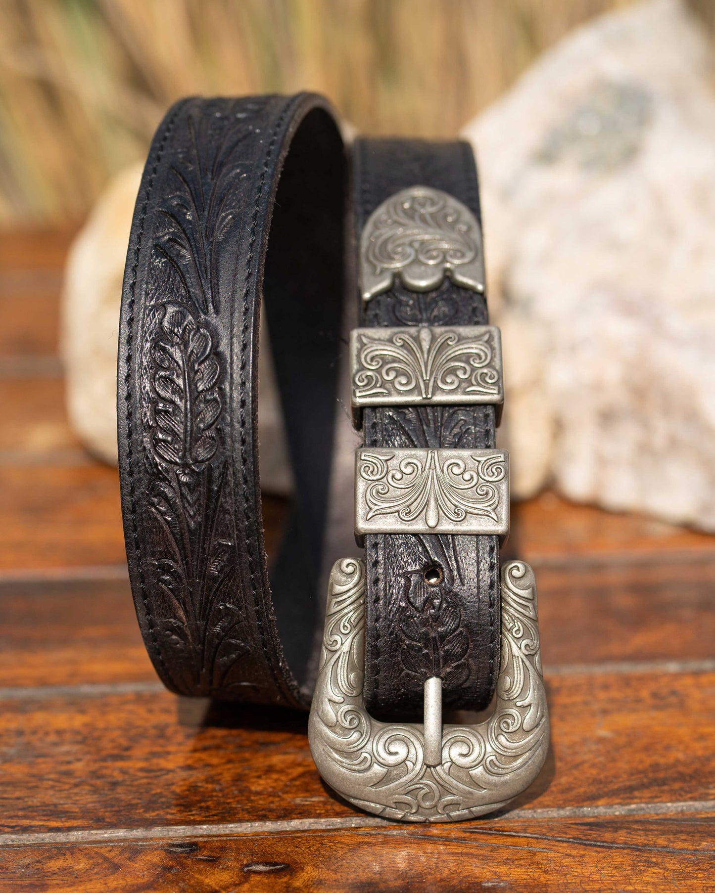 StacheMan's Classic Black Leather Tooled Belt